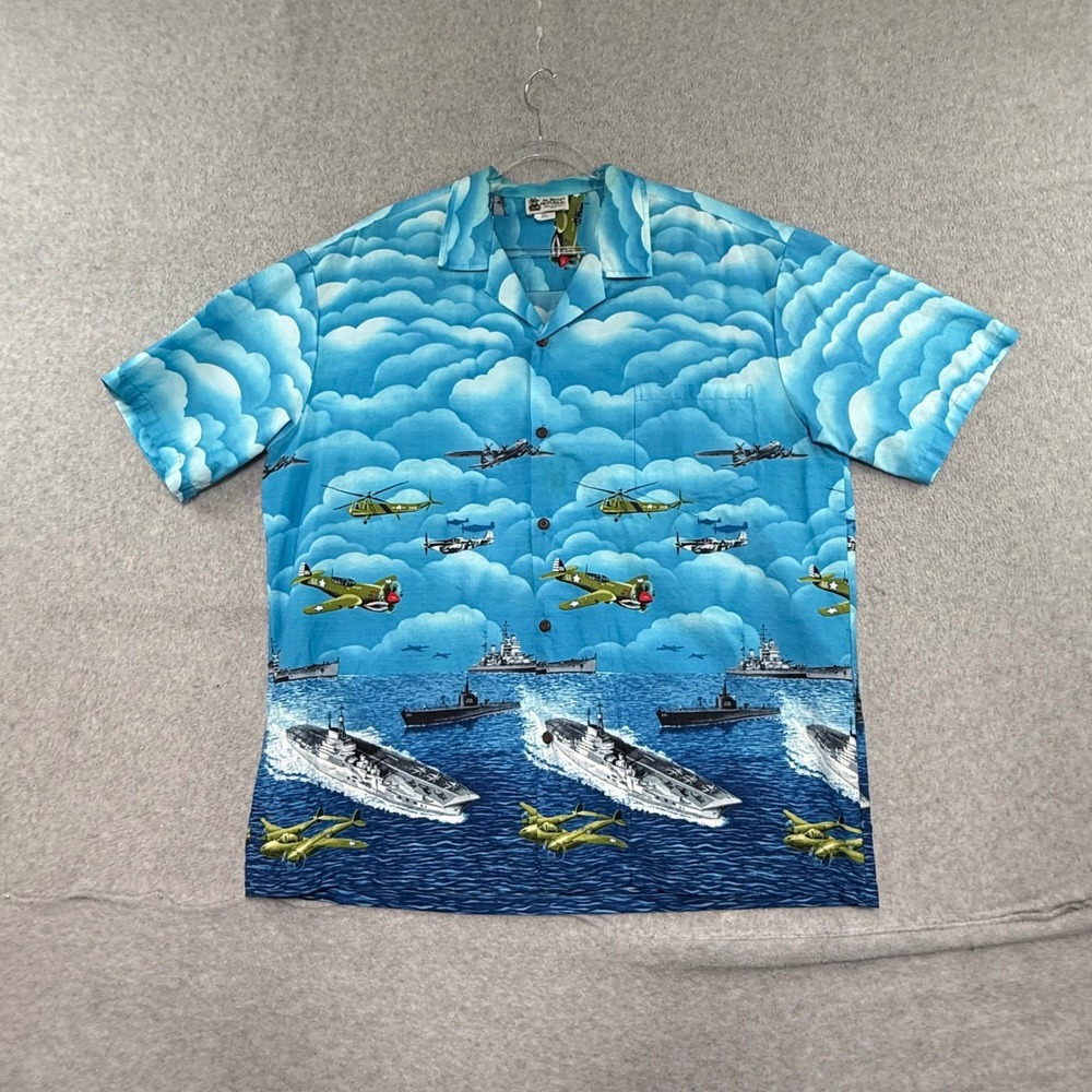 Aloha Republic Hawaiian Shirt Mens 2XL WWII Military Planes Ships 90s Vintage